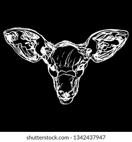 Isolated vector illustration. Stylized funny face of African Bongo antelope. Tragelaphus eurycerus. Hand drawn linear doodle sketch. White silhouette on black background.