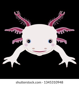 Isolated vector illustration. Stylized funny face of an axolotl. Mexican walking fish. Neotenic fire salamander. Flat cartoon style. On black background.