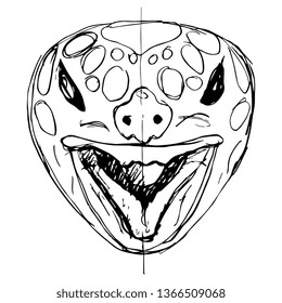 Isolated vector illustration. Stylized funny face of a turtle with open mouth. Hand drawn linear doodle sketch. Black silhouette on white background.
