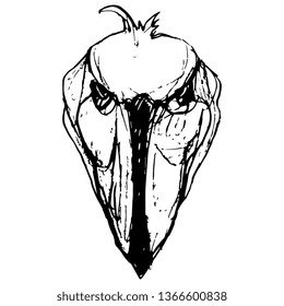 Isolated vector illustration. Stylized funny face of a shoebill storkor whalehead bird. Balaeniceps rex. Hand drawn doodle sketch. Black silhouette on white background.