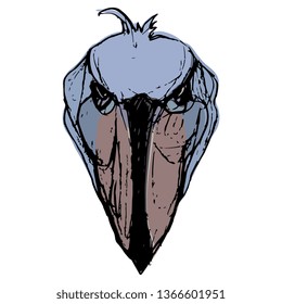 Isolated vector illustration. Stylized funny face of a shoebill storkor whalehead bird. Balaeniceps rex. Hand drawn colorful doodle sketch. 