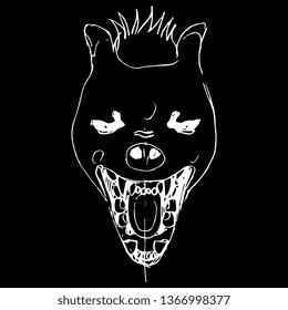 Isolated vector illustration. Stylized funny face of an angry roaring hyena. Hand drawn linear doodle sketch. White silhouette on black background.