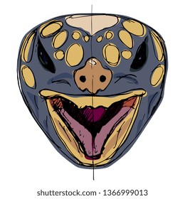Isolated vector illustration. Stylized funny face of a turtle with open mouth. Hand drawn sketch. 