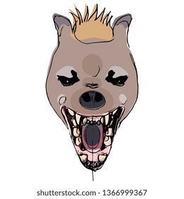 Isolated vector illustration. Stylized funny face of an angry roaring hyena. Hand drawn sketch.