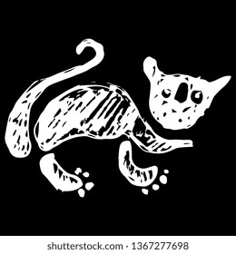 Isolated vector illustration. Stylized funny cat. Ancient Peruvian ethnic motif. Hand drawn doodle sketch. White silhouette on black background.