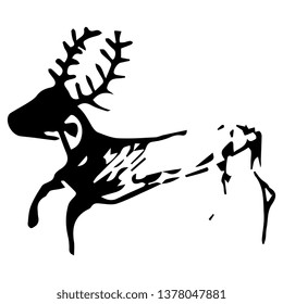 Isolated vector illustration. Stylized funny running deer with antlers. Tribal style. Hand drawn doodle sketch. Black silhouette on white background.