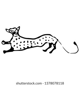 Isolated vector illustration. Stylized funny fantastic cat. Tribal style. Hand drawn doodle sketch. Black silhouette on white background.