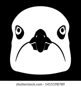 Isolated vector illustration. Stylized funny face of a bird (sea gull, pigeon or dove). Flat black and white silhouette.