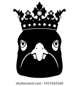 Isolated vector illustration. Stylized funny head of a bird in royal crown. Black and white silhouette. Flat logo style.
