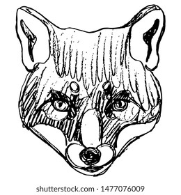 Isolated vector illustration. Stylized funny head of a red fox. Hand drawn linear doodle sketch. Black and white silhouette.