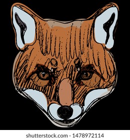 Isolated vector illustration. Stylized funny head of a red fox. Hand drawn colored sketch. On black background.