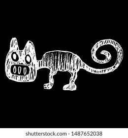 Isolated vector illustration. Stylized funny cat with open mouth. Ancient Peruvian folk motif of Nazca Indians. Hand drawn rough doodle sketch. White silhouette on black background.