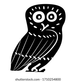 Isolated vector illustration. Stylized funny owl. Folk style. Ancient Greek vase painting decor. Black and white silhouette.