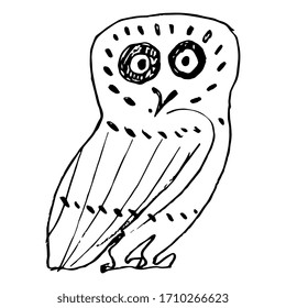 Isolated vector illustration. Stylized funny owl. Folk style. Ancient Greek vase painting decor. Hand drawn linear doodle sketch. Black silhouette on white background.