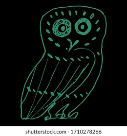 Isolated vector illustration. Stylized funny owl. Folk style. Ancient Greek vase painting decor. Hand drawn linear doodle sketch. Green silhouette on black background.