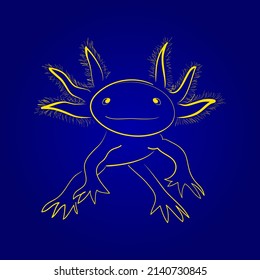 Einzige Vektorgrafik stylisierter, lustig gelber Axolotl auf blauem Hintergrund. Mexikanischer Walfang. Neotenischer Feuersalamander. Handgezeichnet.