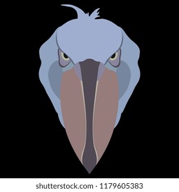 Isolated vector illustration. Stylized head of a Shoebill or Whalehead bird. (Balaeniceps rex). Flat cartoon style. On black background.