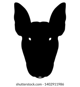 Isolated vector illustration. Stylized head of a Bull Terrier dog. Black and white silhouette. Flat logo style.
