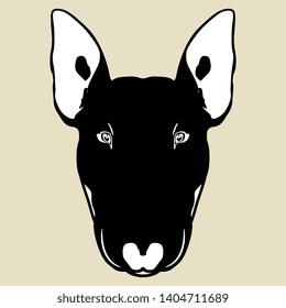 Isolated vector illustration. Stylized head of a Bull Terrier dog. Black and white silhouette. Flat logo style.
