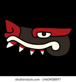 Isolated vector illustration. Stylized head of caiman. Ancient Mexican Aztec art. Cartoon style. On black background.