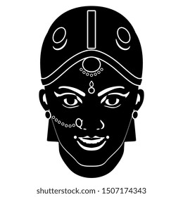 Isolated vector illustration. Stylized head of Hindu girl in national attire. Indian woman. Black and white silhouette.