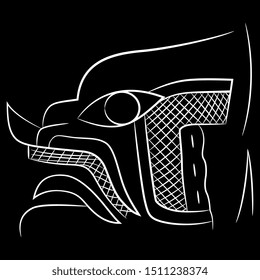 Isolated vector illustration. Stylized head of a cat. Ancient Olmec motif. White linear silhouette on black background.