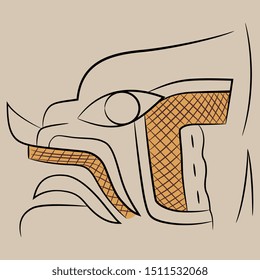 Isolated vector illustration. Stylized head of a cat. Linear silhouette. Ancient Mexican motif of Olmec Indians.