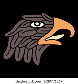 Isolated vector illustration. Stylized head of eagle. Ancient Aztec motif of Mexican Indians. On black background.