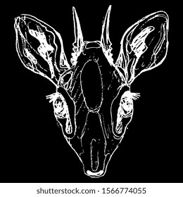 Isolated vector illustration. Stylized head of dik-dik. African antelope. (Madoqua). Hand drawn linear doodle ink sketch. White silhouette on black background.