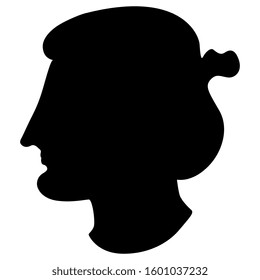 Isolated vector illustration. Stylized head of ancient Greek woman. Female profile. Black silhouette on white background.