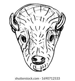 Isolated vector illustration. Stylized head of American bison or buffalo. Hand drawn linear doodle ink sketch. Black silhouette on white background.