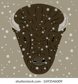  Vektorillustration einzeln. Stylisierter Kopf von amerikanischem Bison oder Büffel unter Schneeflocken. Wintertiereinrichtung.