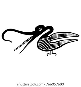 Isolated vector illustration. Stylized heron bird. Based on folk pottery art of Maya Indians.