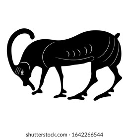 Isolated vector illustration. Stylized horned animal. Goat or antelope. Folk style. Black and white silhouette.