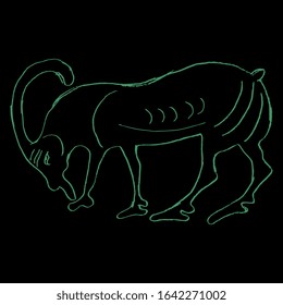 Isolated vector illustration. Stylized horned animal. Goat or antelope. Folk style. Hand drawn linear rough sketch. Green silhouette on black background.