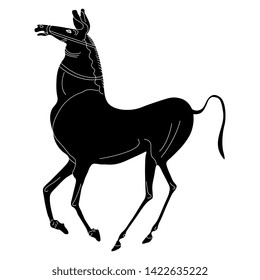 Isolated vector illustration. Stylized horse. Ancient Greek vase painting motif. Black and white linear silhouette.