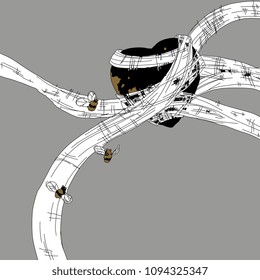 Isolated vector illustration. Stylized human heart wrapped in bandages and surrounded by hovering bees. Based on hand drawn original style art.