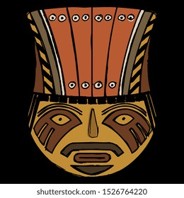 Isolated vector illustration. Stylized human face. Ancient Peruvian tribal art. Nazca pottery design. On black background.