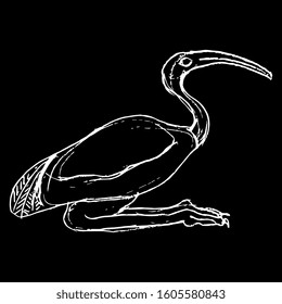 Isolated vector illustration. Stylized ibis bird. Ancient Egyptian art. Hand drawn linear doodle sketch. White silhouette on black background.