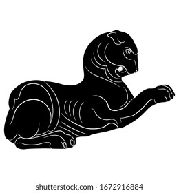 Isolated vector illustration. Stylized lion. Ancient Greek or Persian motif. Black and white silhouette.