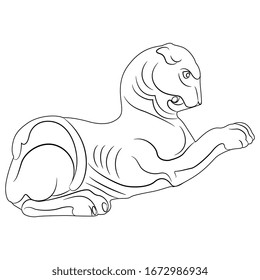 Isolated vector illustration. Stylized lion. Ancient Greek or Persian motif. Black and white linear silhouette.