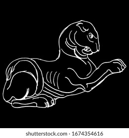 Isolated vector illustration. Stylized lion. Ancient Greek or Persian motif. Hand drawn linear doodle sketch. White silhouette on black background.