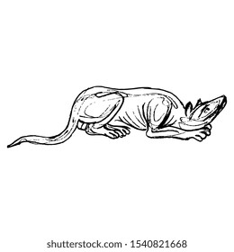 Isolated vector illustration. Stylized lying dog. Hand drawn linear doodle sketch. Black silhouette on white background.