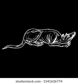 Isolated vector illustration. Stylized lying dog. Hand drawn linear doodle sketch. White silhouette on black background.