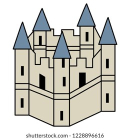 Isolated vector illustration. Stylized medieval castle. 