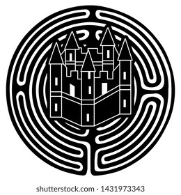 Isolated vector illustration. Stylized medieval castle in a maze or labyrinth. Black and white silhouette. 