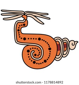Isolated vector illustration. Stylized mollusk in ornate conch or shell. Based on ancient Mayan motif of Mexican Indians. Cartoon style.
