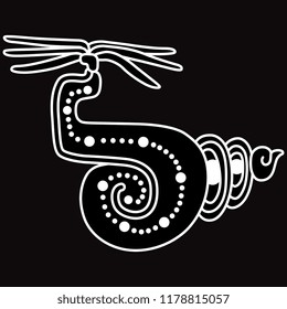 Isolated vector illustration. Stylized mollusk in ornate conch or shell. Based on ancient Mayan motif of Mexican Indians. Black and white linear silhouette.
