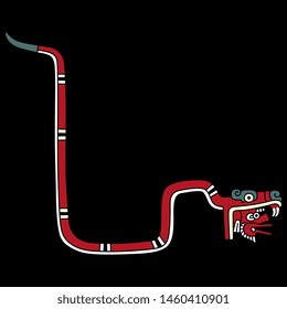 Isolated vector illustration. Stylized monster snake with human head in mouth. Ancient Mexican animal decor of Aztec Indians. Cartoon style. On black background.