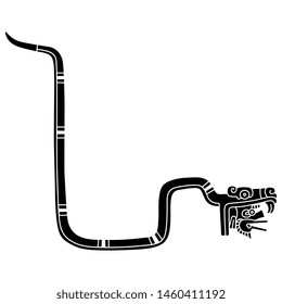 Isolated vector illustration. Stylized monster snake with human head in mouth. Ancient Mexican animal decor of Aztec Indians. Black and white silhouette.